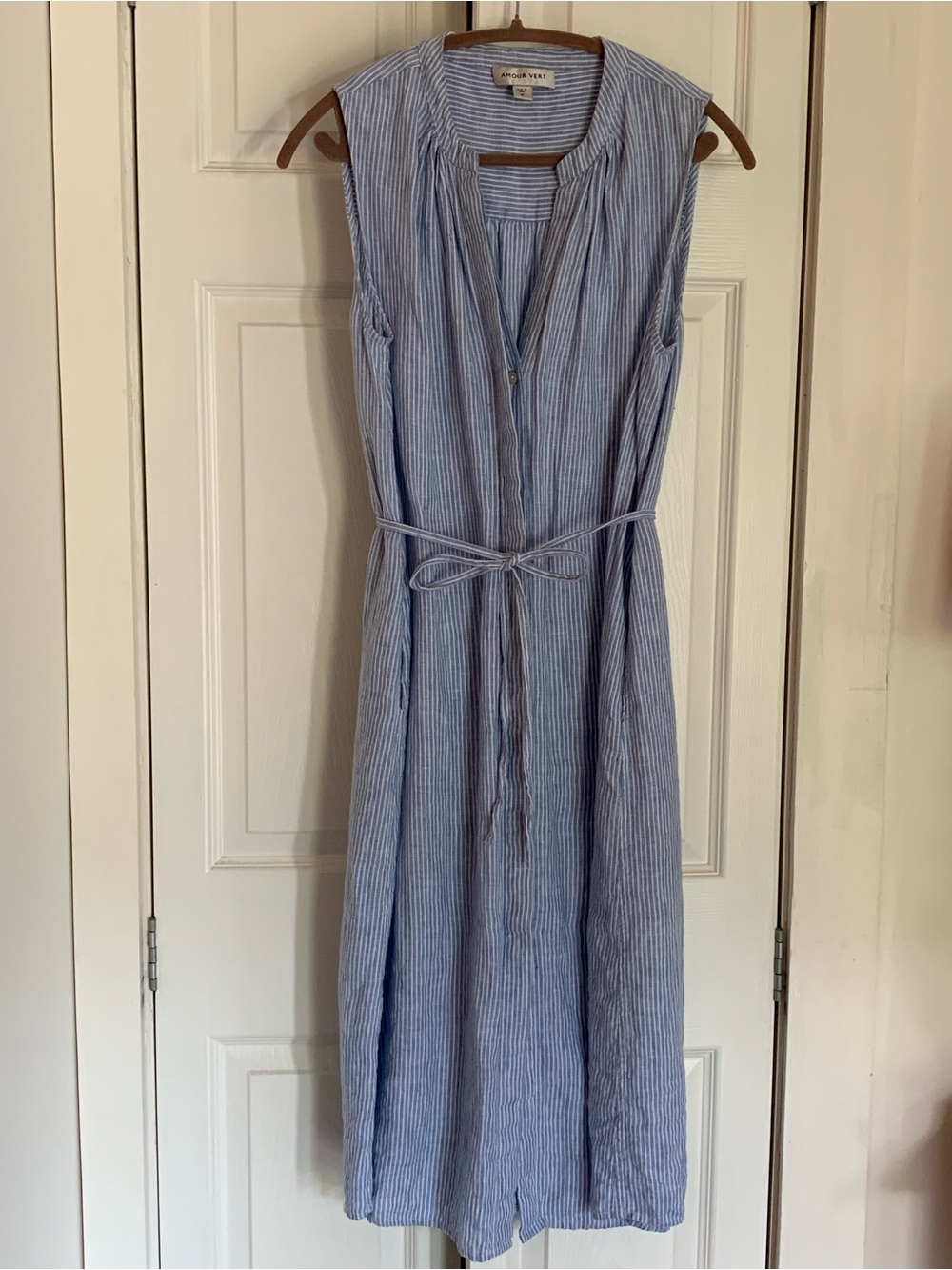 Amour Vert Light Blue and White Striped Sleeveless Midi Dress